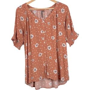 Brina & Em Orange & White Flower Pattern Button Down Short Elastic Sleeve Blouse
